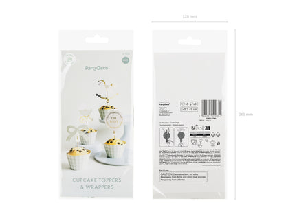 Party Deco cupcake toppers and wrappers packaging with product display on a white background