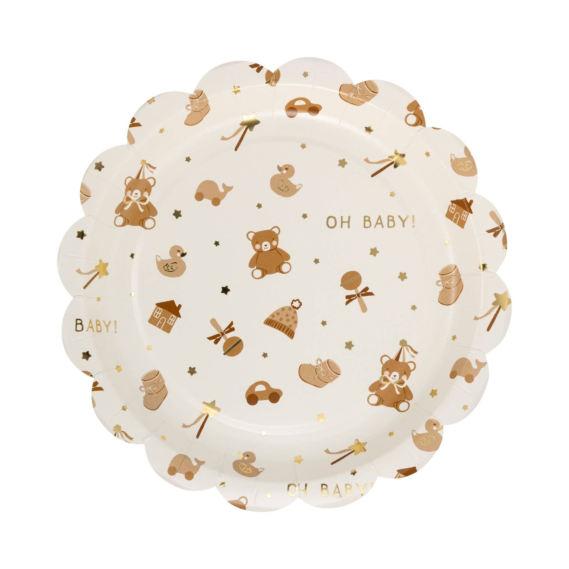 Neutral teddy bear paper plates with gold foil baby icons and scalloped edge, ideal for Toronto baby showers.