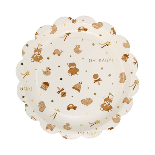 Neutral teddy bear paper plates with gold foil baby icons and scalloped edge, ideal for Toronto baby showers.