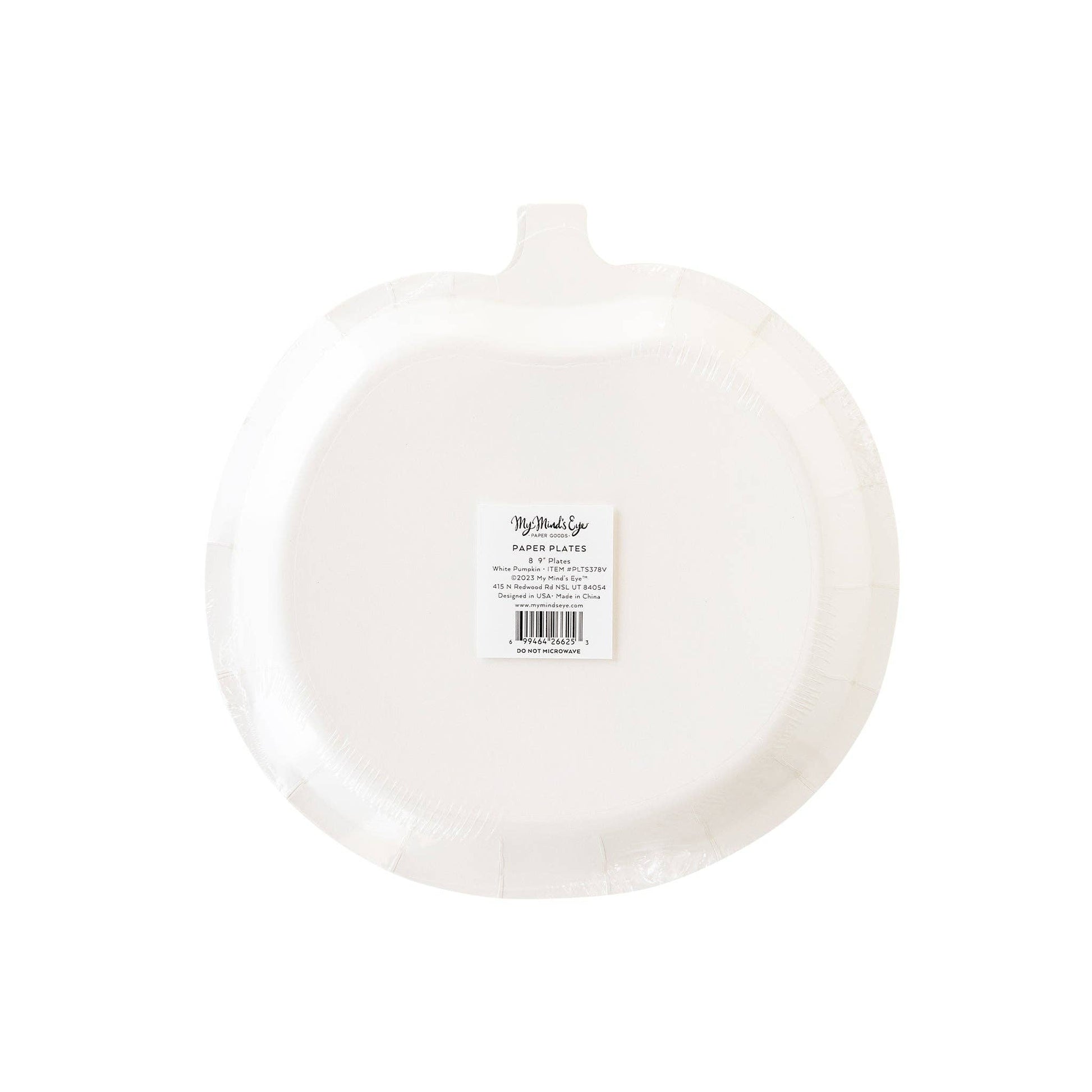 White paper plates with a visible brand label on a white background