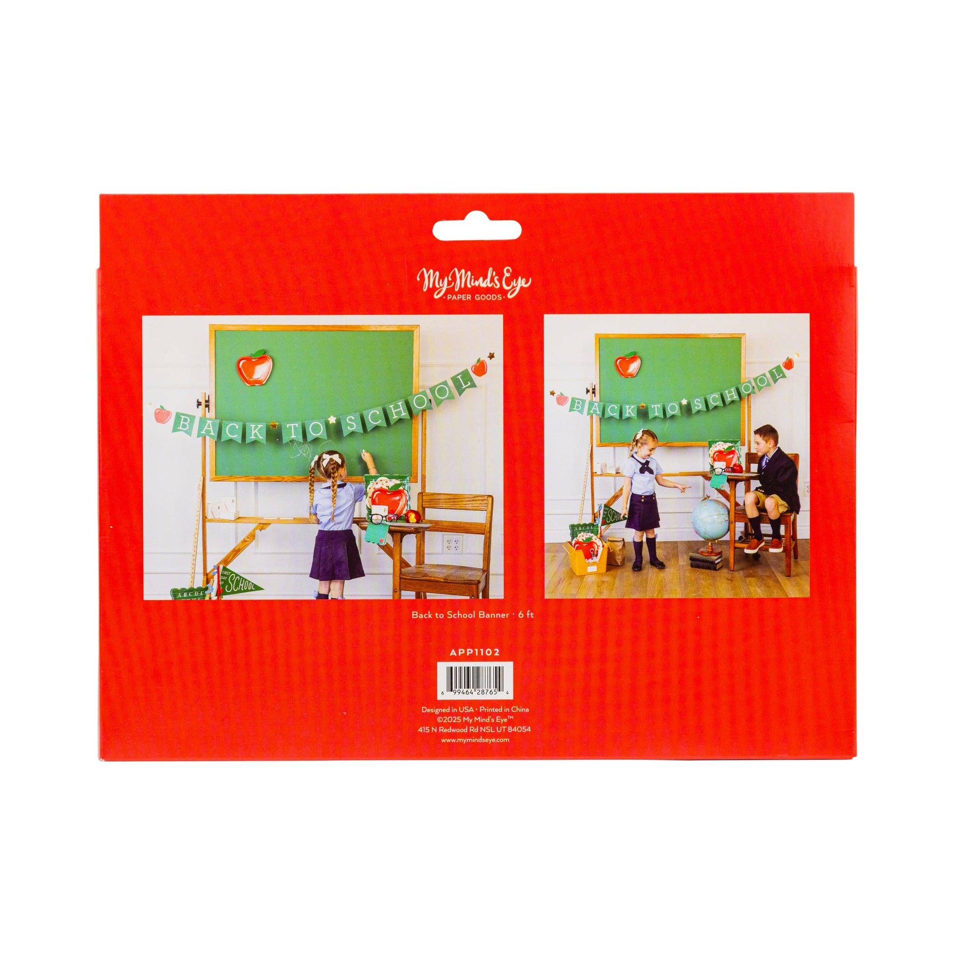 Packaging of a cross-stitch kit with classroom scene design on a red background.