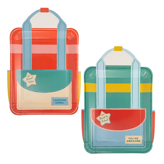 Backpack shaped paper plates in colourful school-inspired designs available at our Toronto party shop.