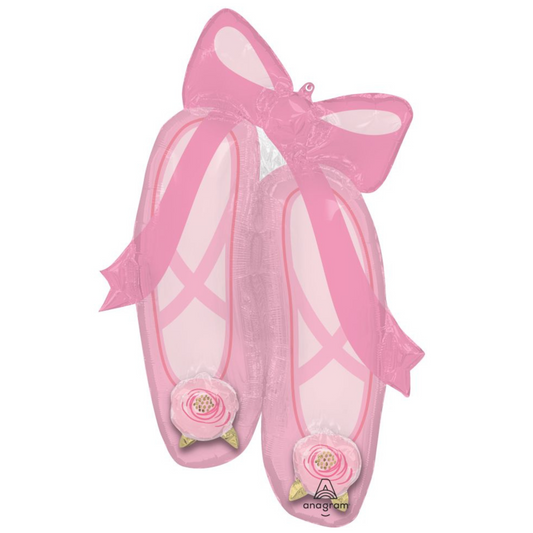 Pink ballet slippers foil balloon with a bow and floral details on a white background sold in Toronto , shipping Canada wide and USA.