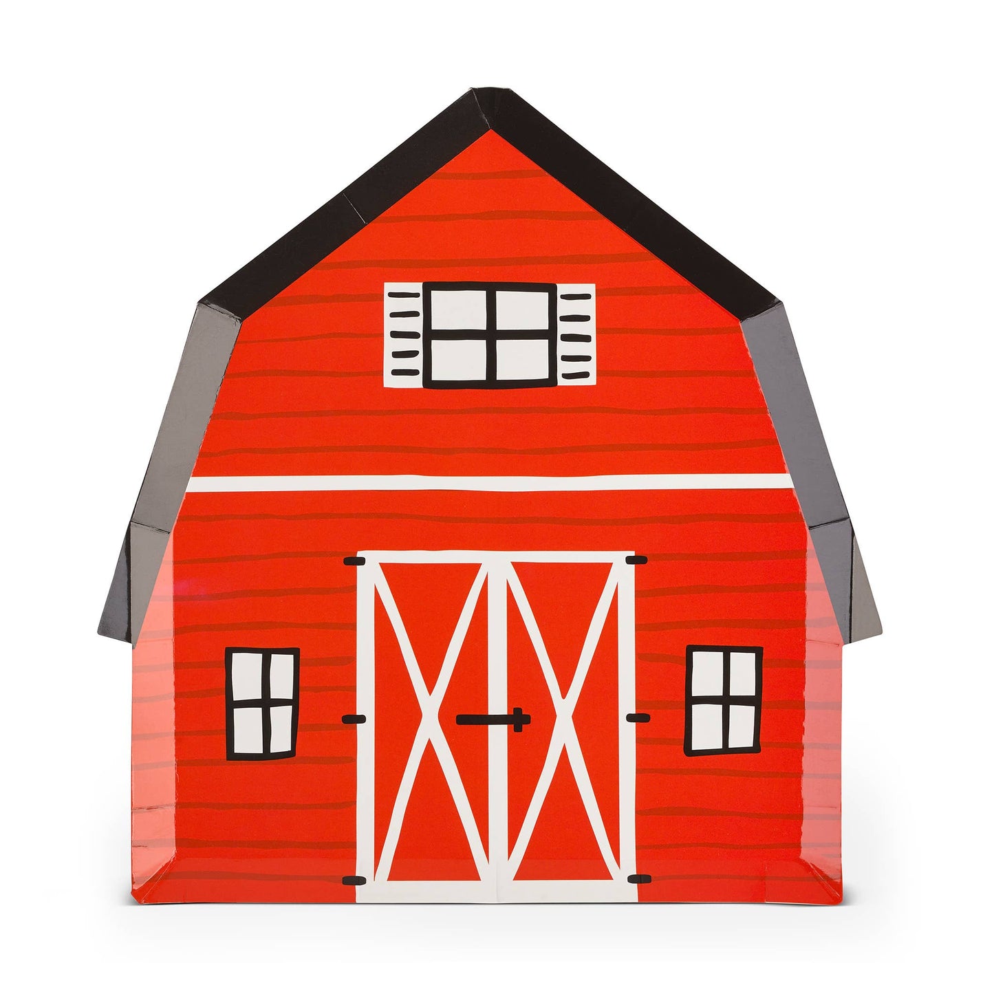 Red barn shaped paper plate with white trim, part of farm party collection available in Toronto.