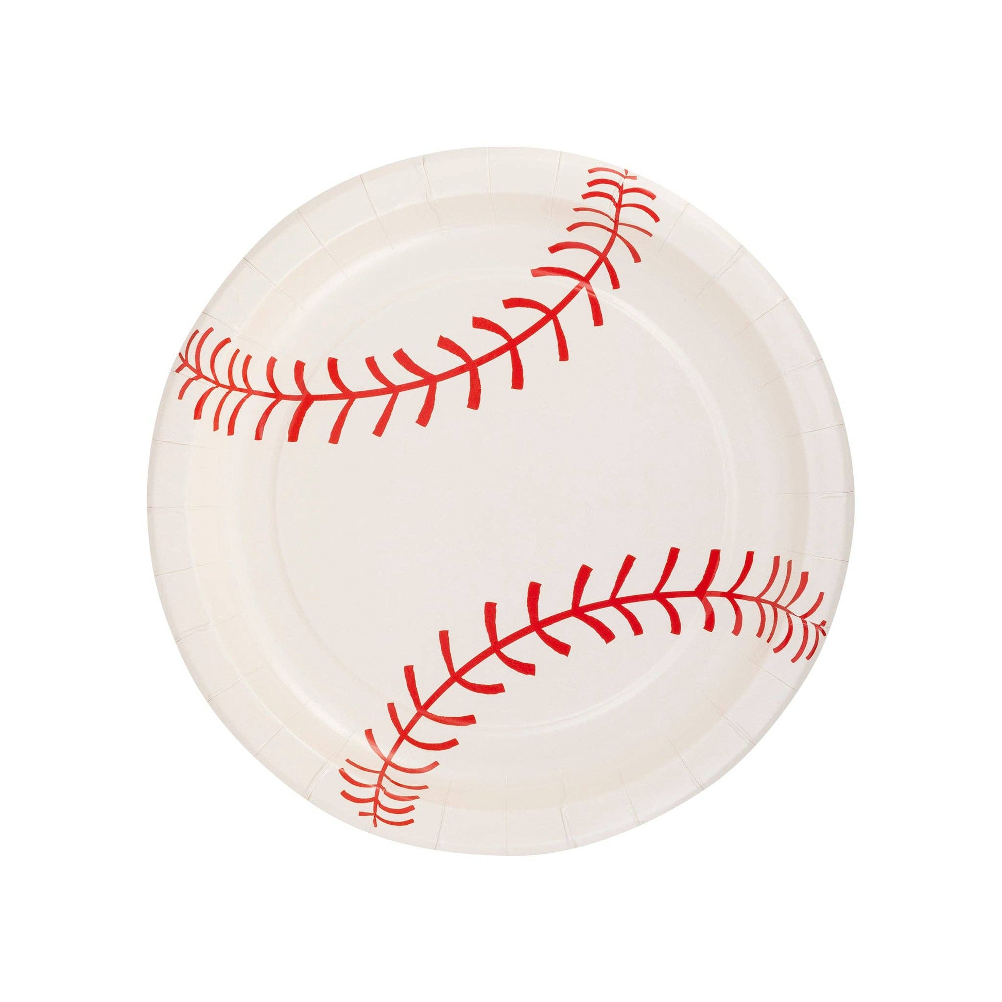 Baseball plates with red stitching.