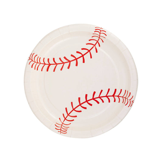 Baseball plates with red stitching.