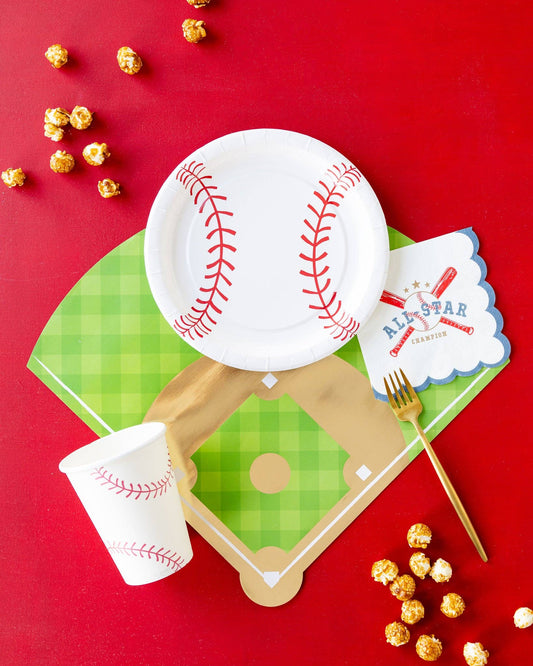 Baseball themed party table with diamond placemat, plates and cups, available in Toronto and shipping across Canada