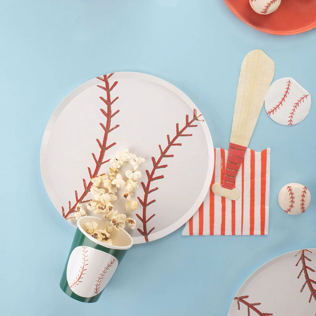 baseball themed party supplies including napkin, cup and plate