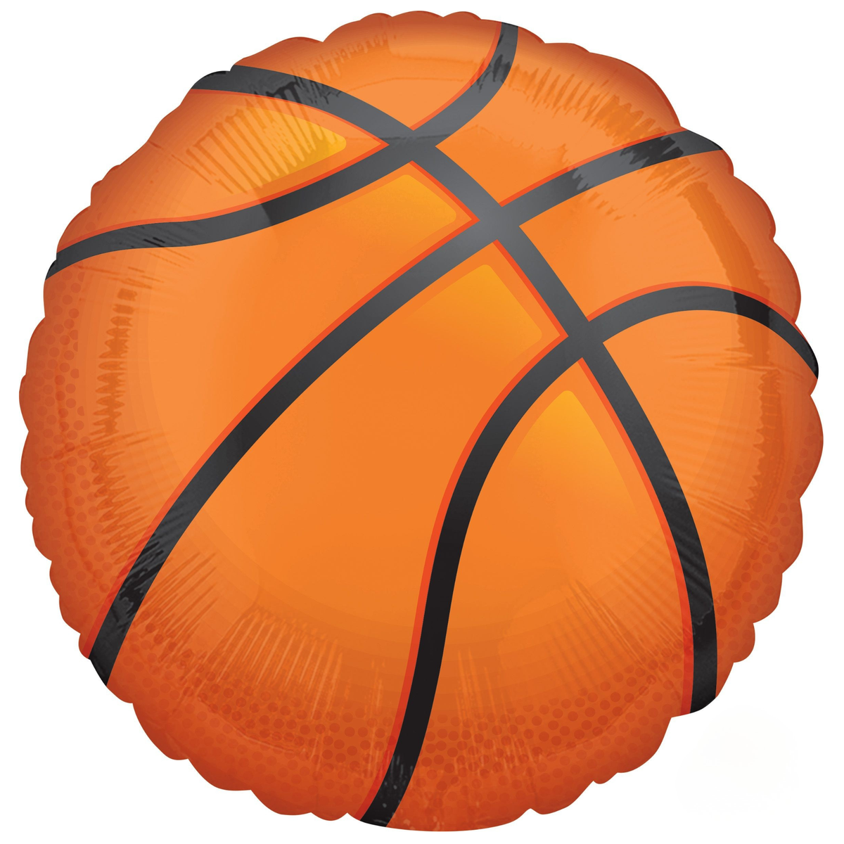 Orange basketball-shaped foil balloon with black lines for basketball birthday parties and sports celebrations. Pick up in Toronto and Canada-wide shipping available.