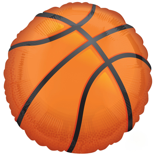 Orange basketball-shaped foil balloon with black lines for basketball birthday parties and sports celebrations. Pick up in Toronto and Canada-wide shipping available.