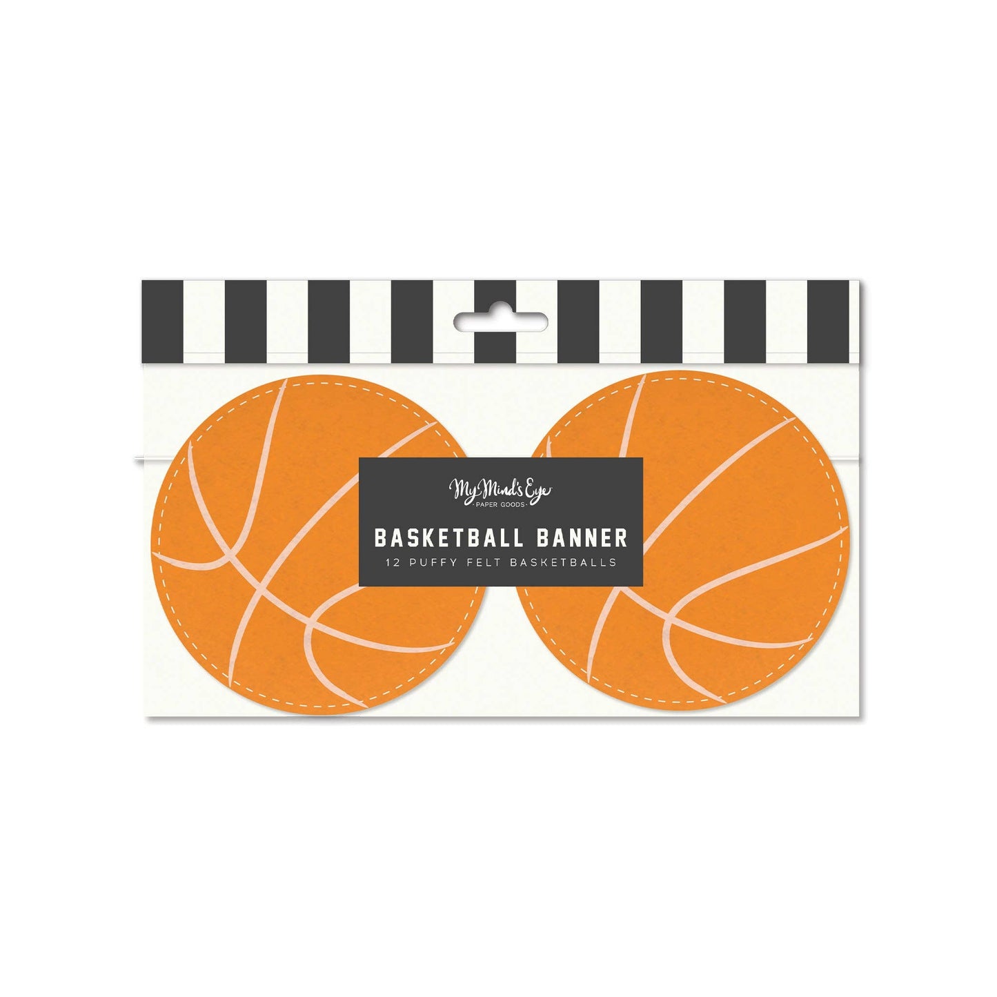 Basketball felt banner with puffy stitched basketball shapes strung on white cord, sports party decoration available at our Toronto party shop.