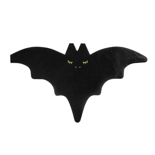 Black bat-shaped Halloween napkin with gold metallic face print.