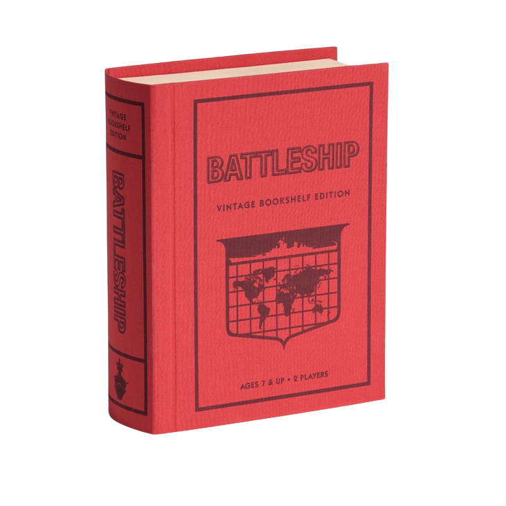Battleship Vintage Bookshelf Edition in a fabric-wrapped book case, perfect for game nights. Sold in Toronto and ships Canada and USA.