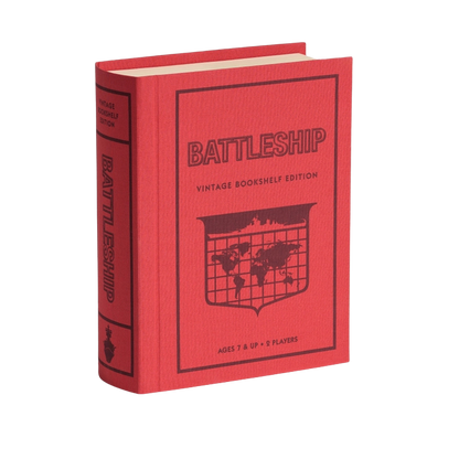 Battleship Vintage Bookshelf Edition in a fabric-wrapped book case, perfect for game nights. Sold in Toronto and ships Canada and USA.