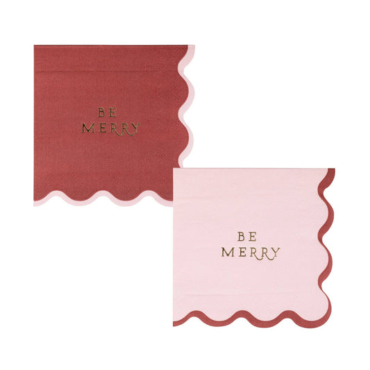 Be Merry napkin set in red and pink with scalloped edges, available at our Toronto party shop.