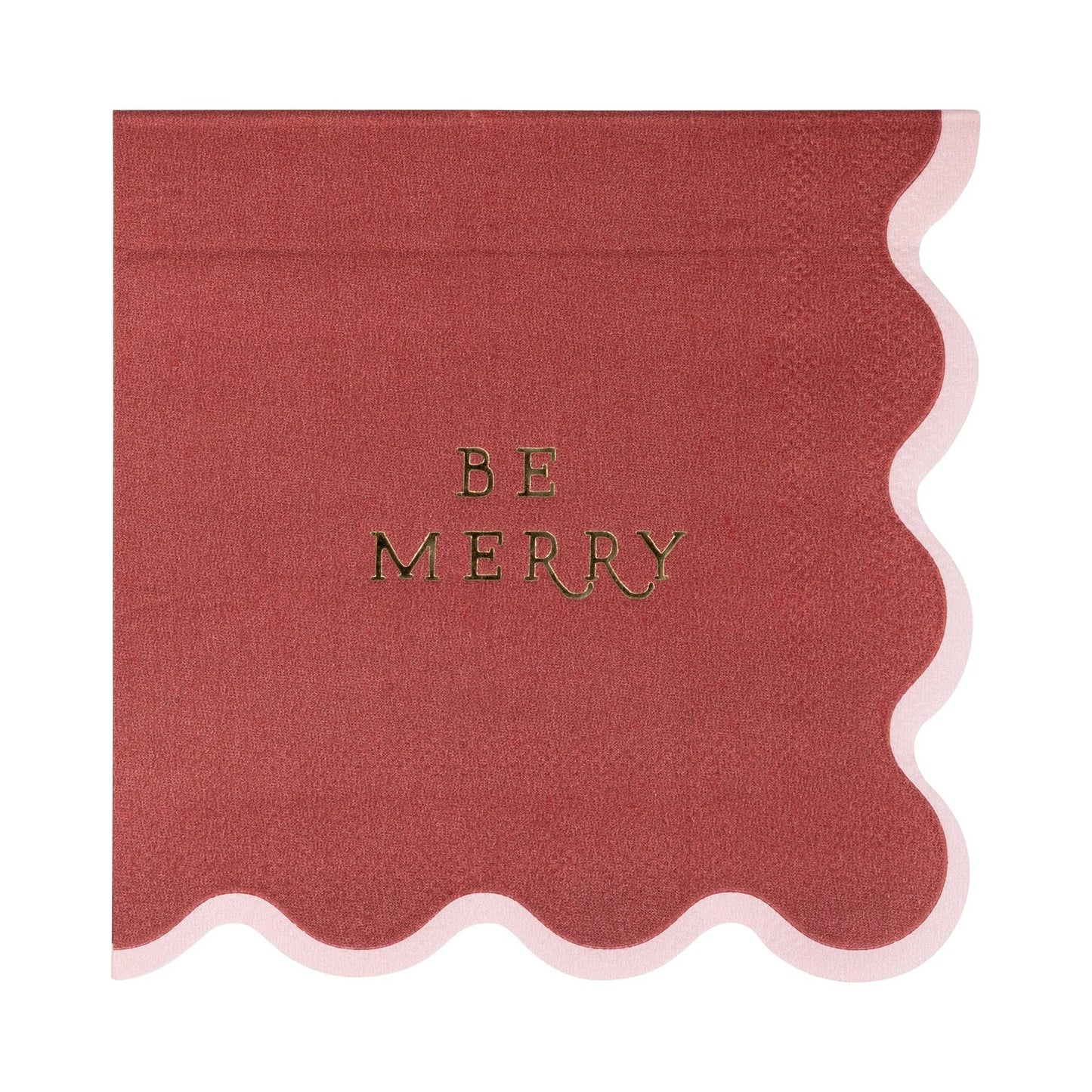 Red 'Be Merry' napkin with scalloped edges and gold foil.