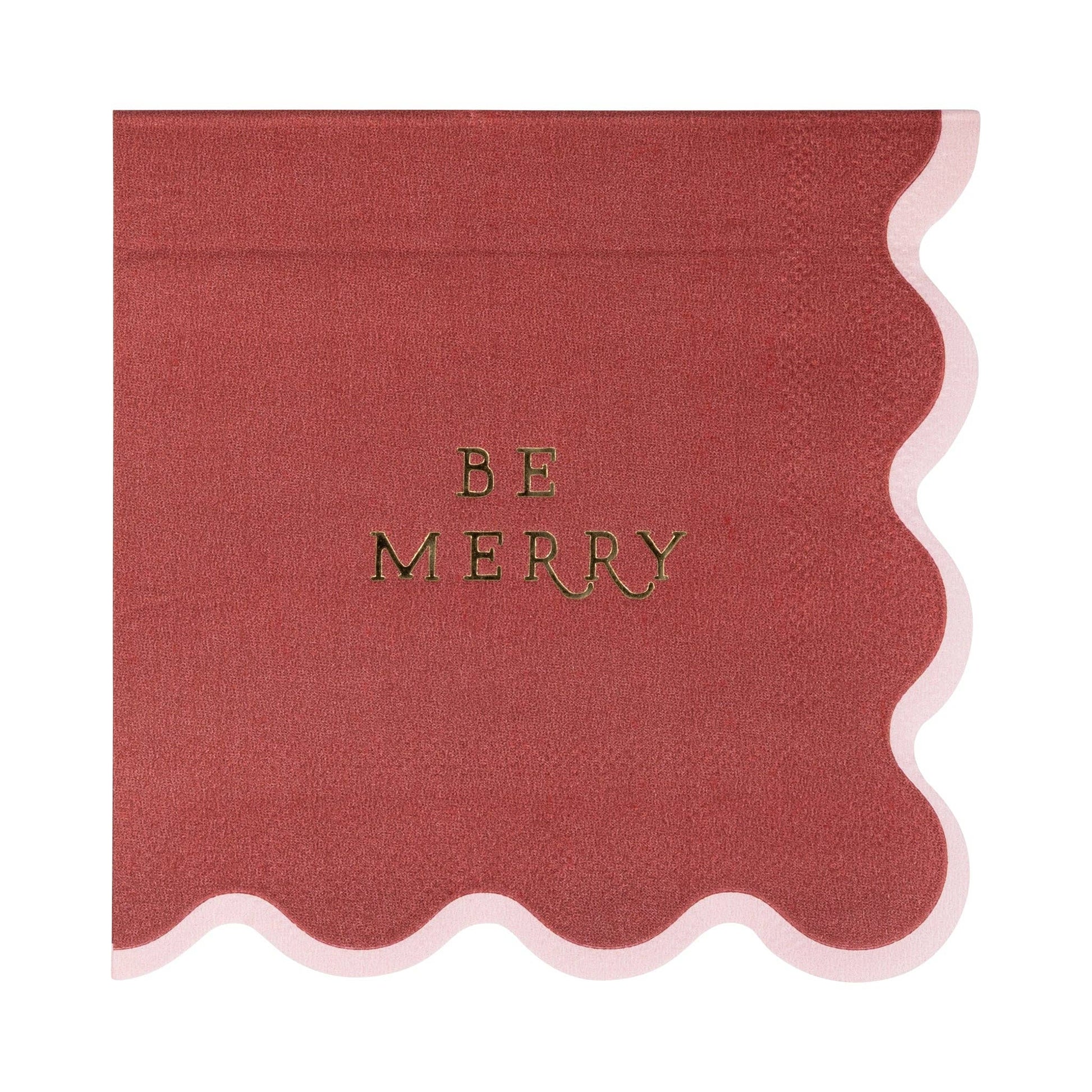 Red 'Be Merry' napkin with scalloped edges and gold foil.