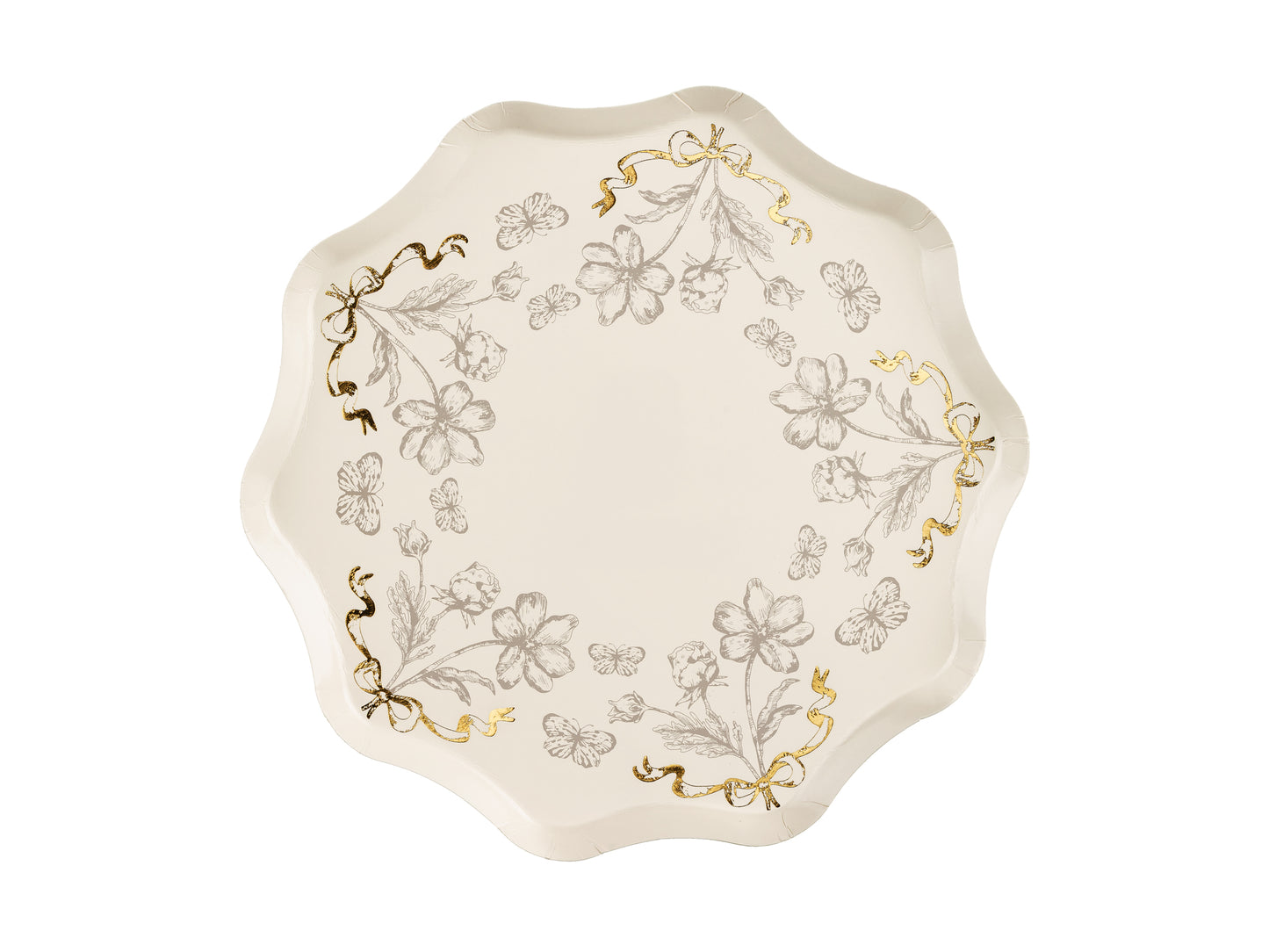 Beige floral paper plate with shiny gold print, elegant design for tea parties, baby showers and bridal showers.