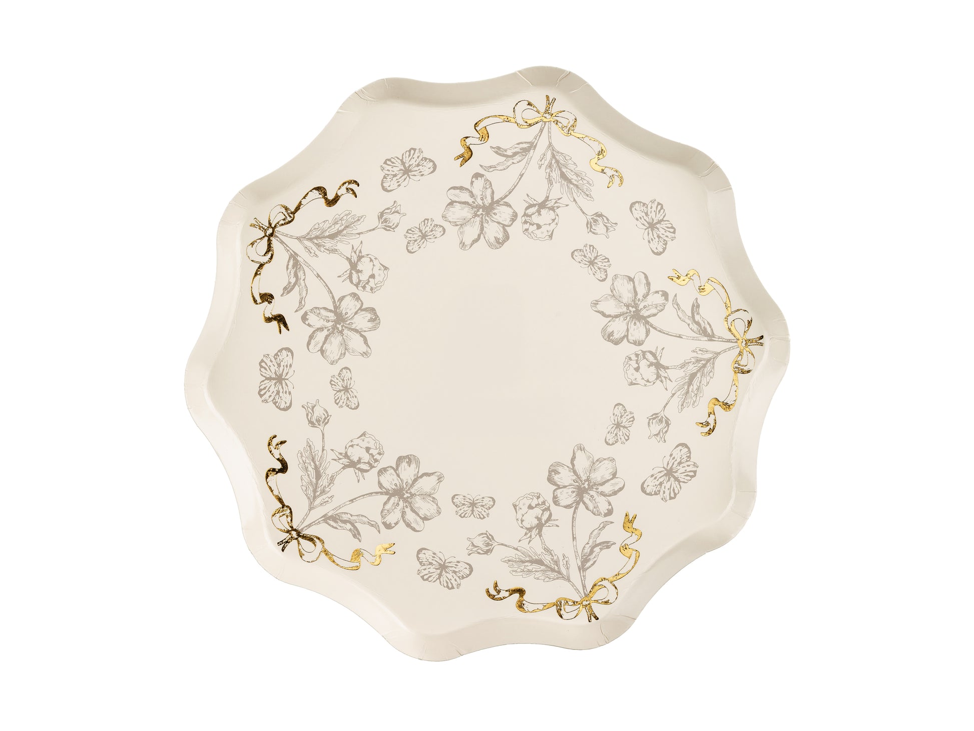 Beige floral paper plate with shiny gold print, elegant design for tea parties, baby showers and bridal showers.