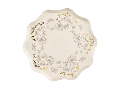Beige floral paper plate with shiny gold print, elegant design for tea parties, baby showers and bridal showers.