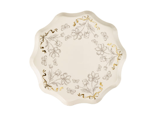 Beige floral paper plate with shiny gold print, elegant design for tea parties, baby showers and bridal showers.