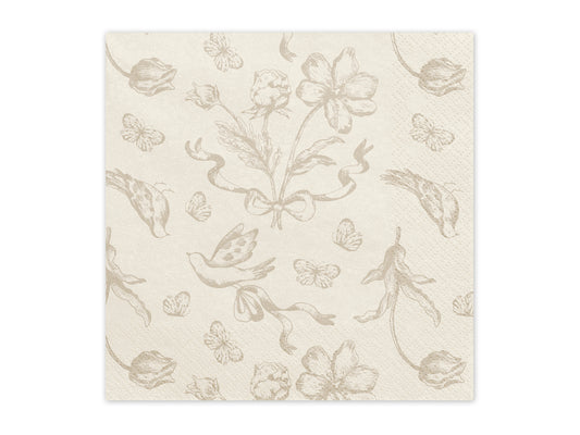 Beige paper napkin with floral and bird design, perfect for parties in Toronto.