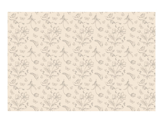 Beige tablecloth with dark beige floral print, elegant partyware for bridal showers, baby showers and tea parties.