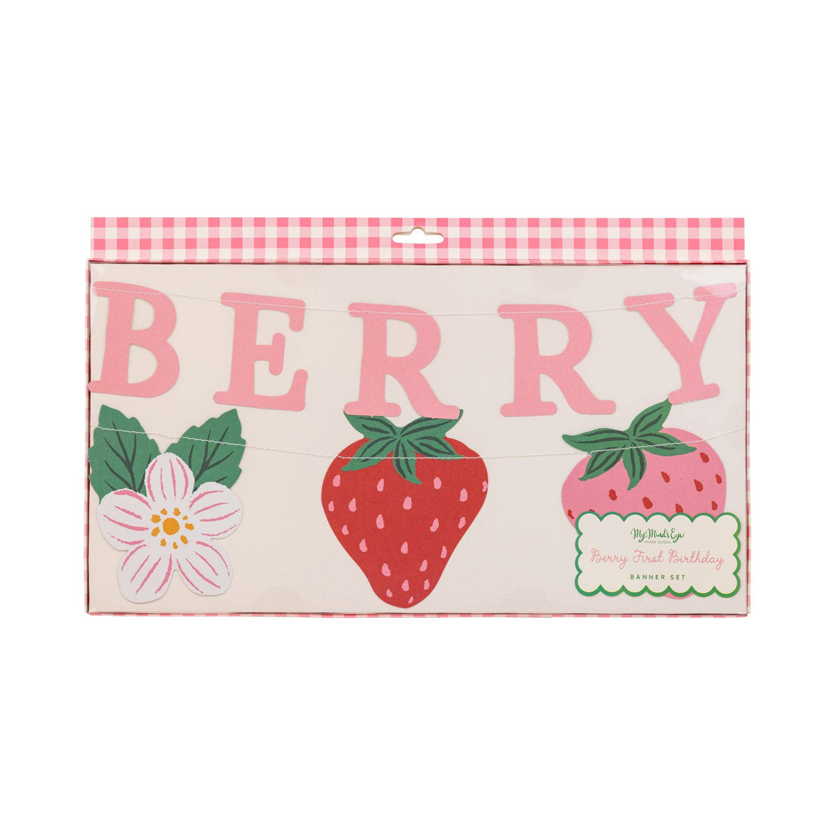 Berry First Birthday paper banner set with strawberry and flower garland