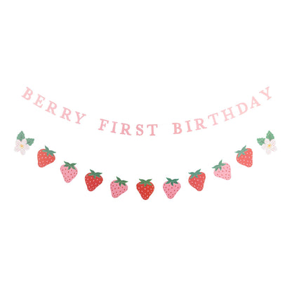 Berry first birthday banner set with pink lettering, strawberries and flowers