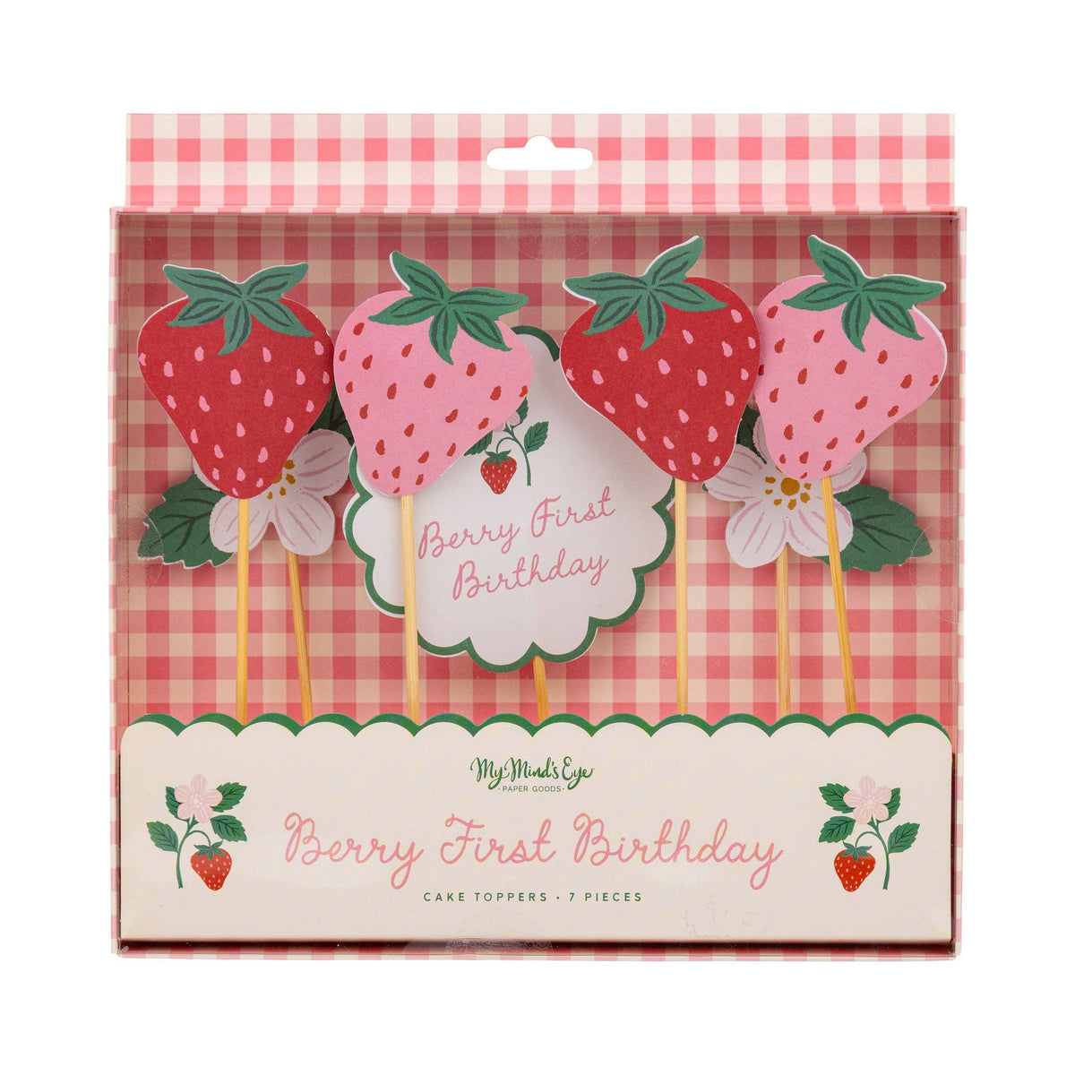 Berry First Birthday strawberry cake topper set in pink gingham packaging