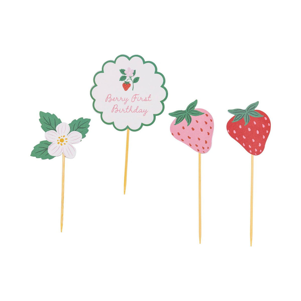 Berry First Birthday cake topper set with pink and red strawberries, flowers and scalloped birthday topper