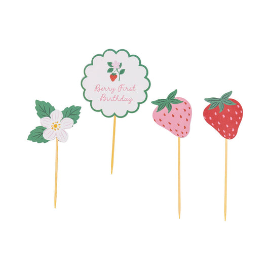 Berry First Birthday cake topper set with pink and red strawberries, flowers and scalloped birthday topper