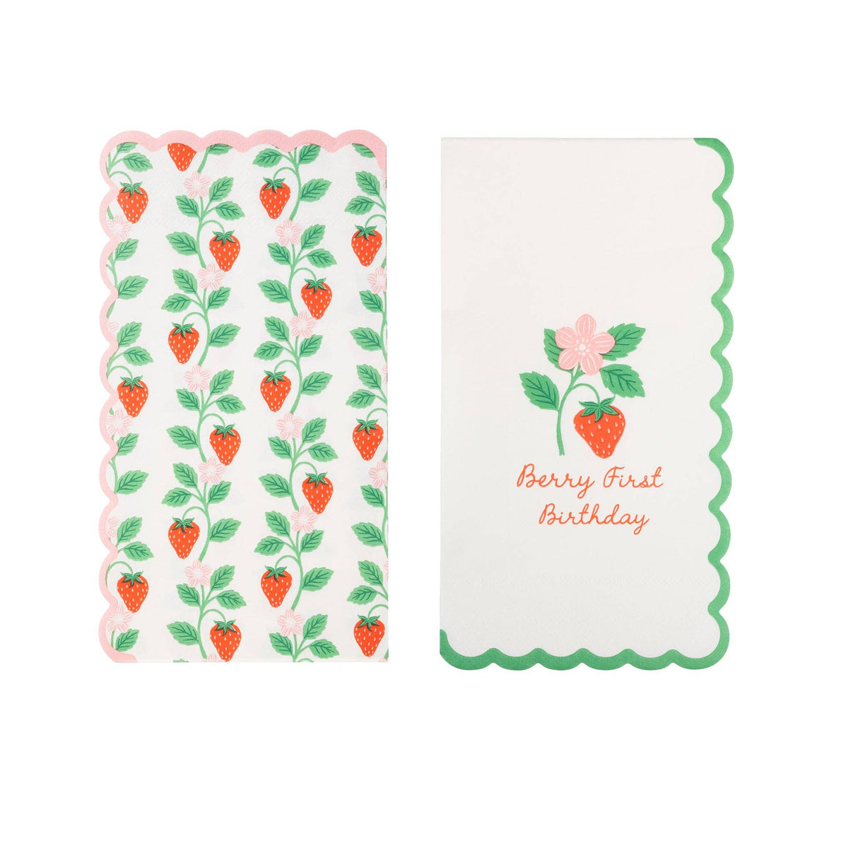 Berry First Birthday guest napkin with strawberry and floral design