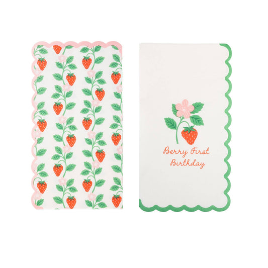 Berry First Birthday guest napkin with strawberry and floral design