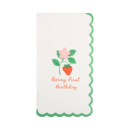 Berry First Birthday guest napkin with strawberry and floral design