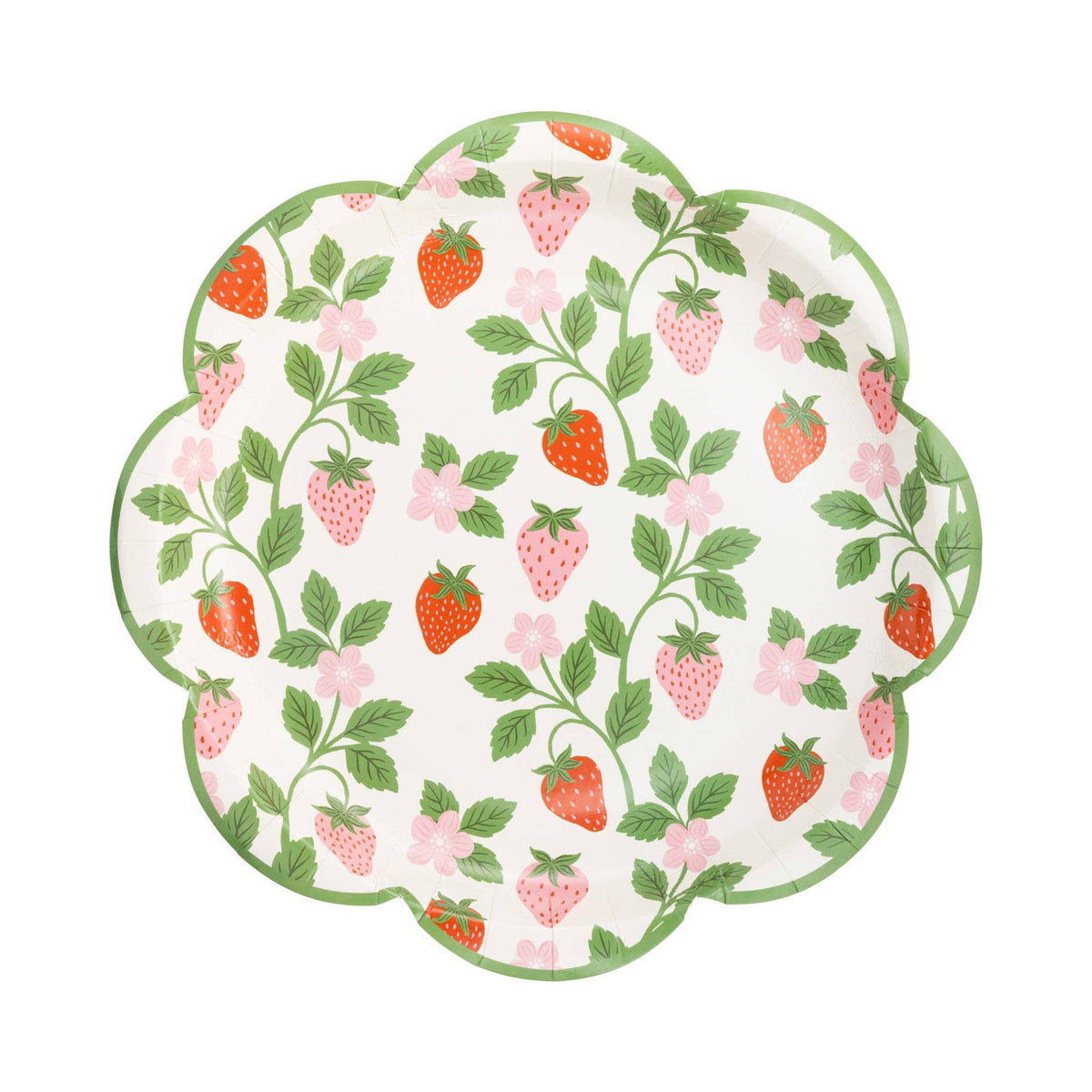 Strawberry vine paper plates with pink flowers and green scalloped edge