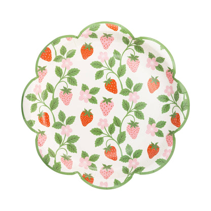 Strawberry vine paper plates with pink flowers and green scalloped edge