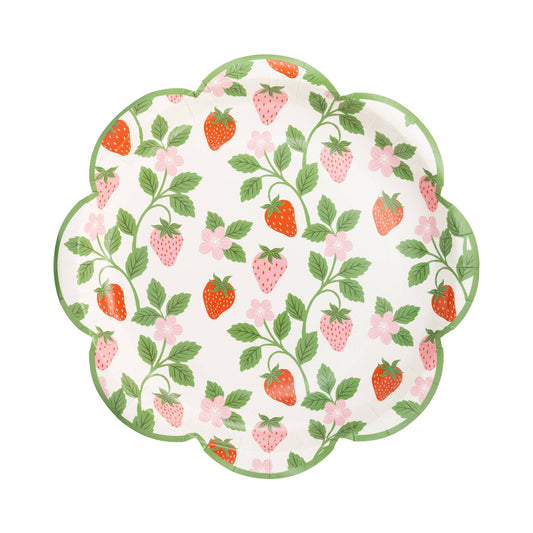 Strawberry vine paper plates with pink flowers and green scalloped edge
