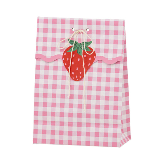 Pink gingham strawberry birthday treat bag with twine