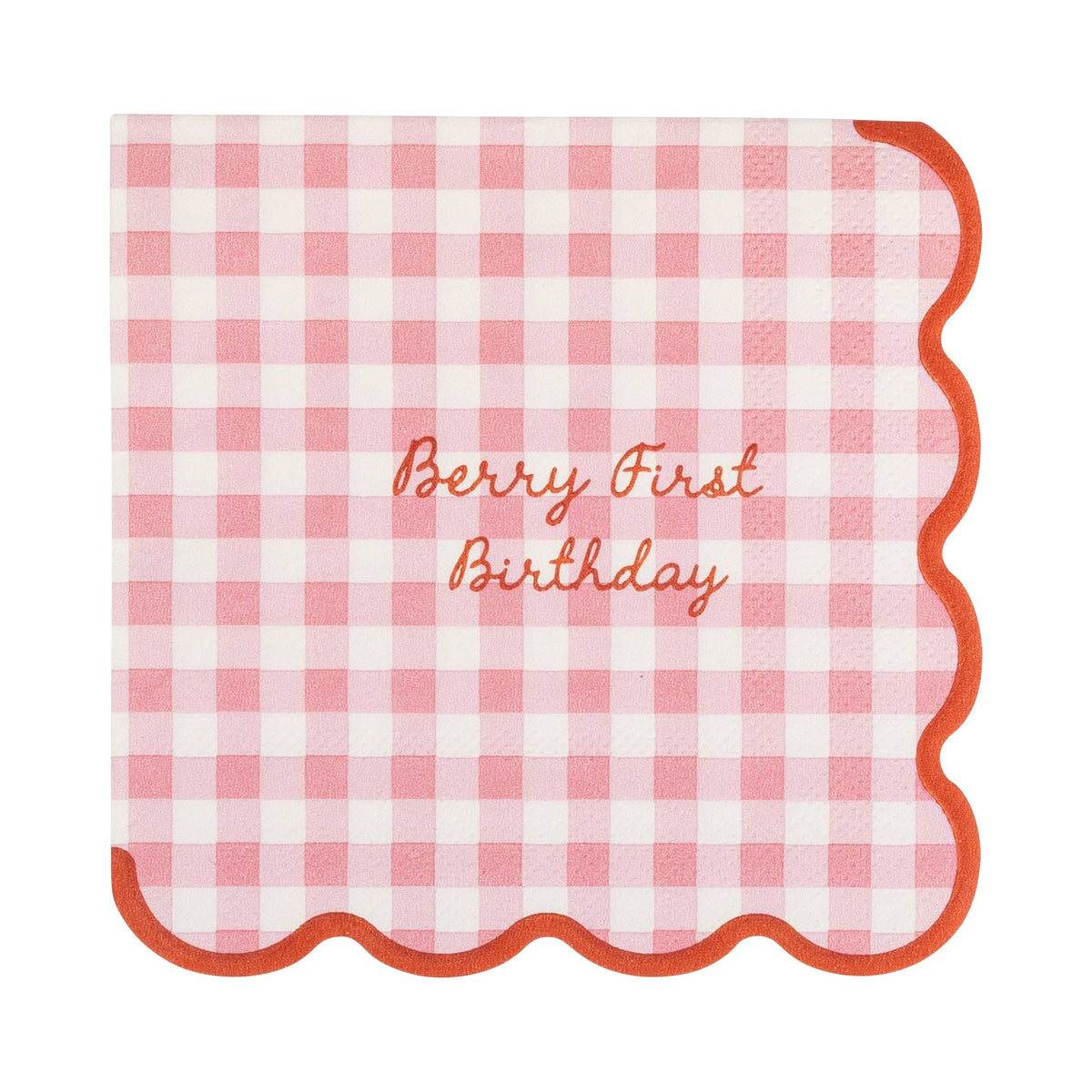Pink gingham Berry First Birthday cocktail napkins with red scalloped edge