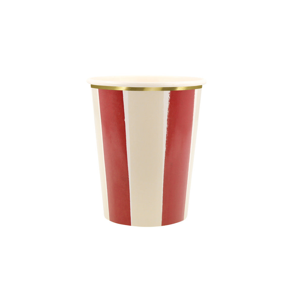 Berry red and cream striped paper cup with gold foil trim for fall parties