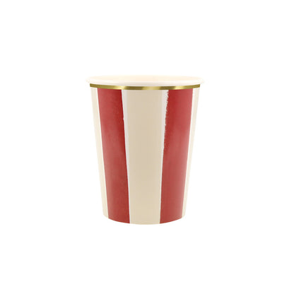 Berry red and cream striped paper cup with gold foil trim for fall parties