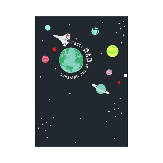 father's day card with best dad in the universe message and space illustrations