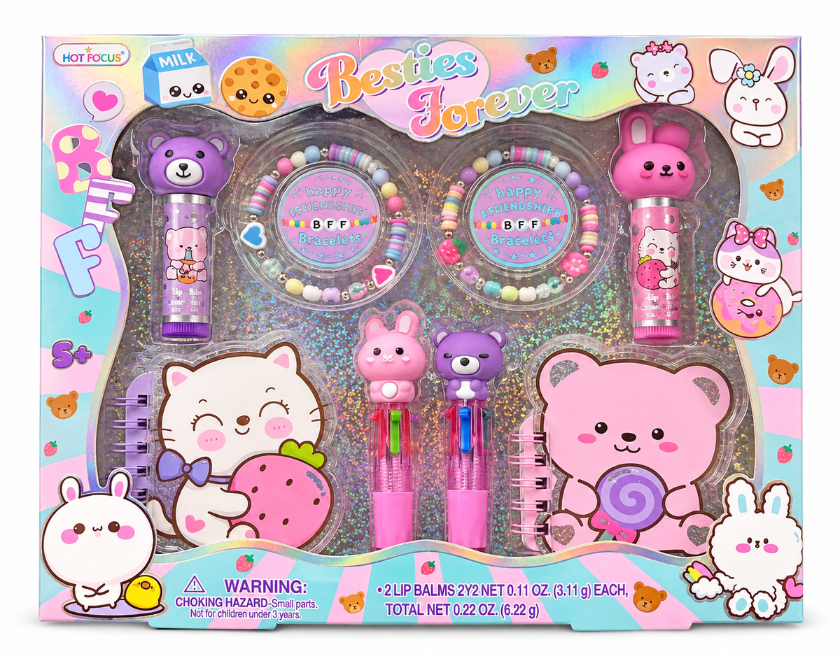 Besties Forever Gift Set with matching bracelets, lip balms, pens and mini notebooks. Pick up in Toronto + Canada-wide shipping available.