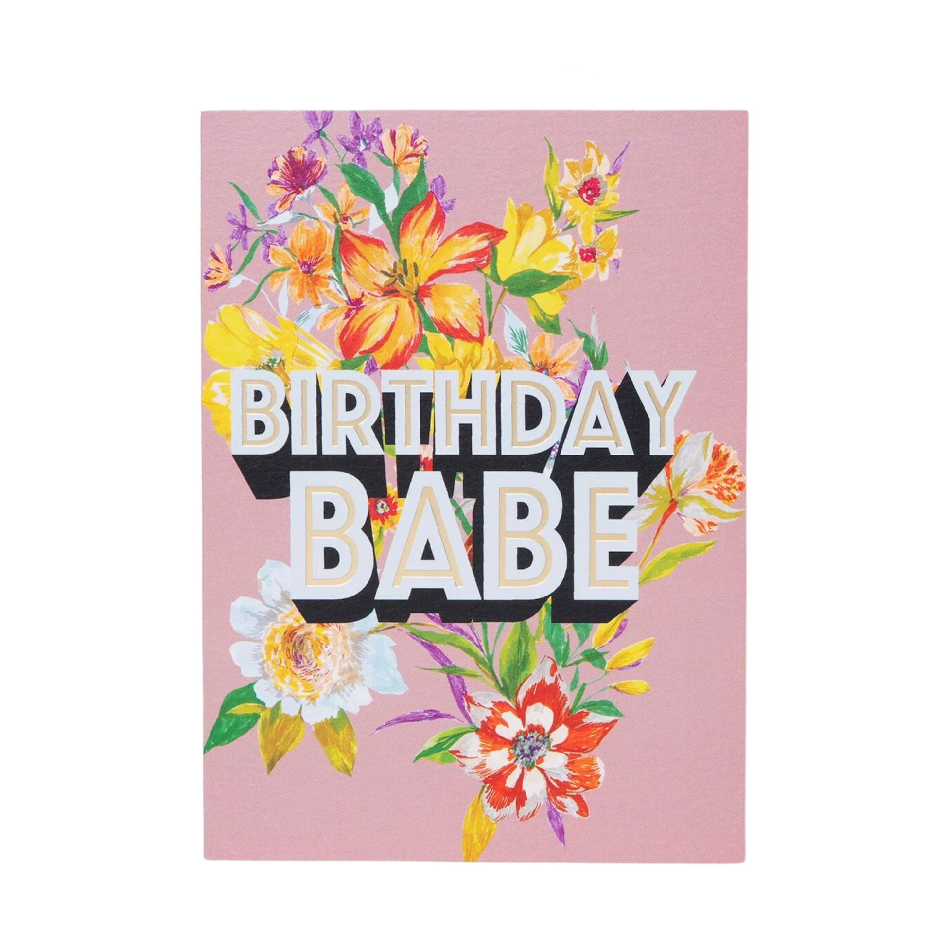 birthday card with birthday babe message and floral illustration