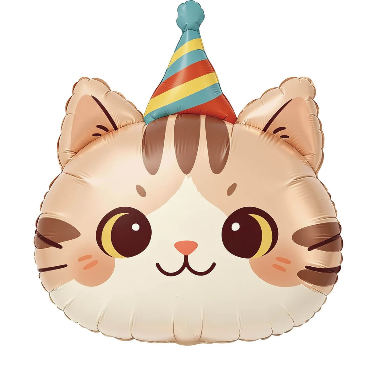 Cute birthday cat foil balloon featuring a smiling kitty face with a colourful striped party hat. Pick up in Toronto and Canada-wide shipping available.