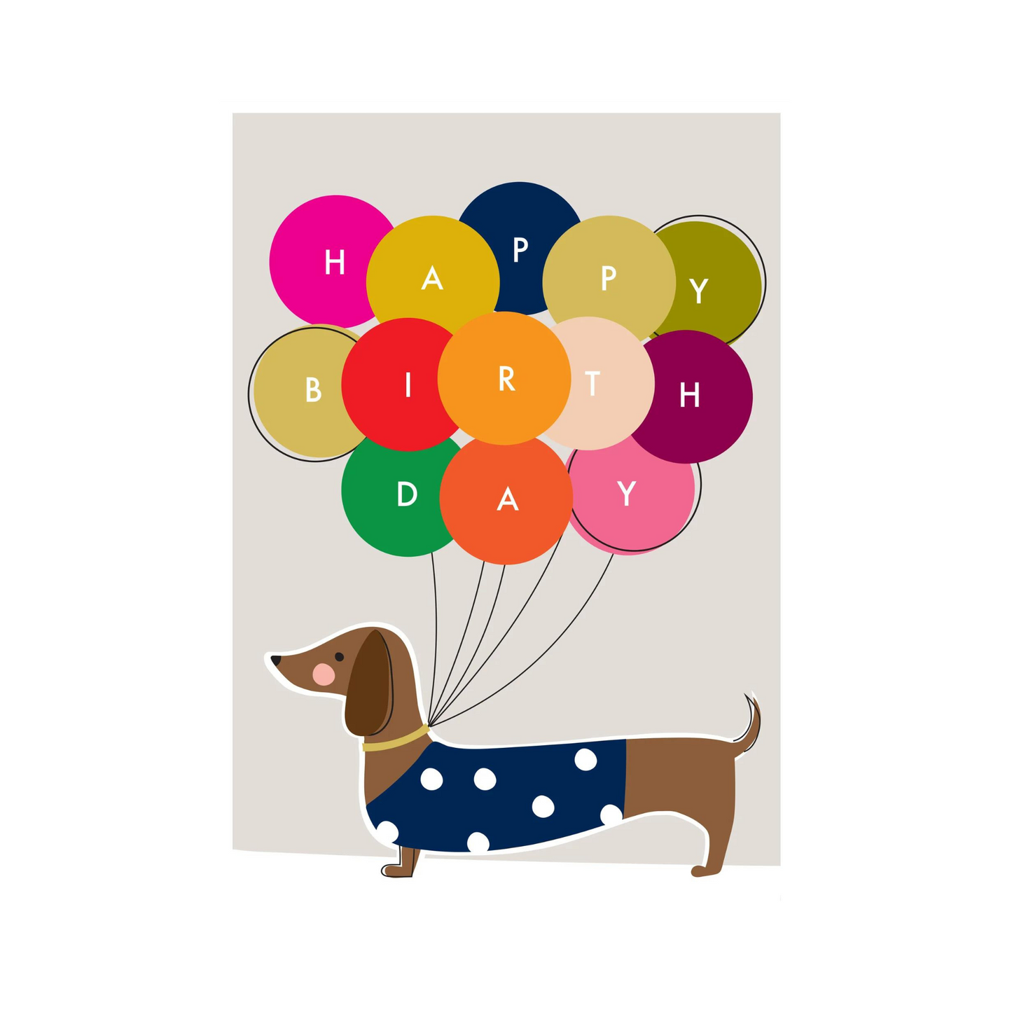 greeting card with dog holding balloons and happy birthday message