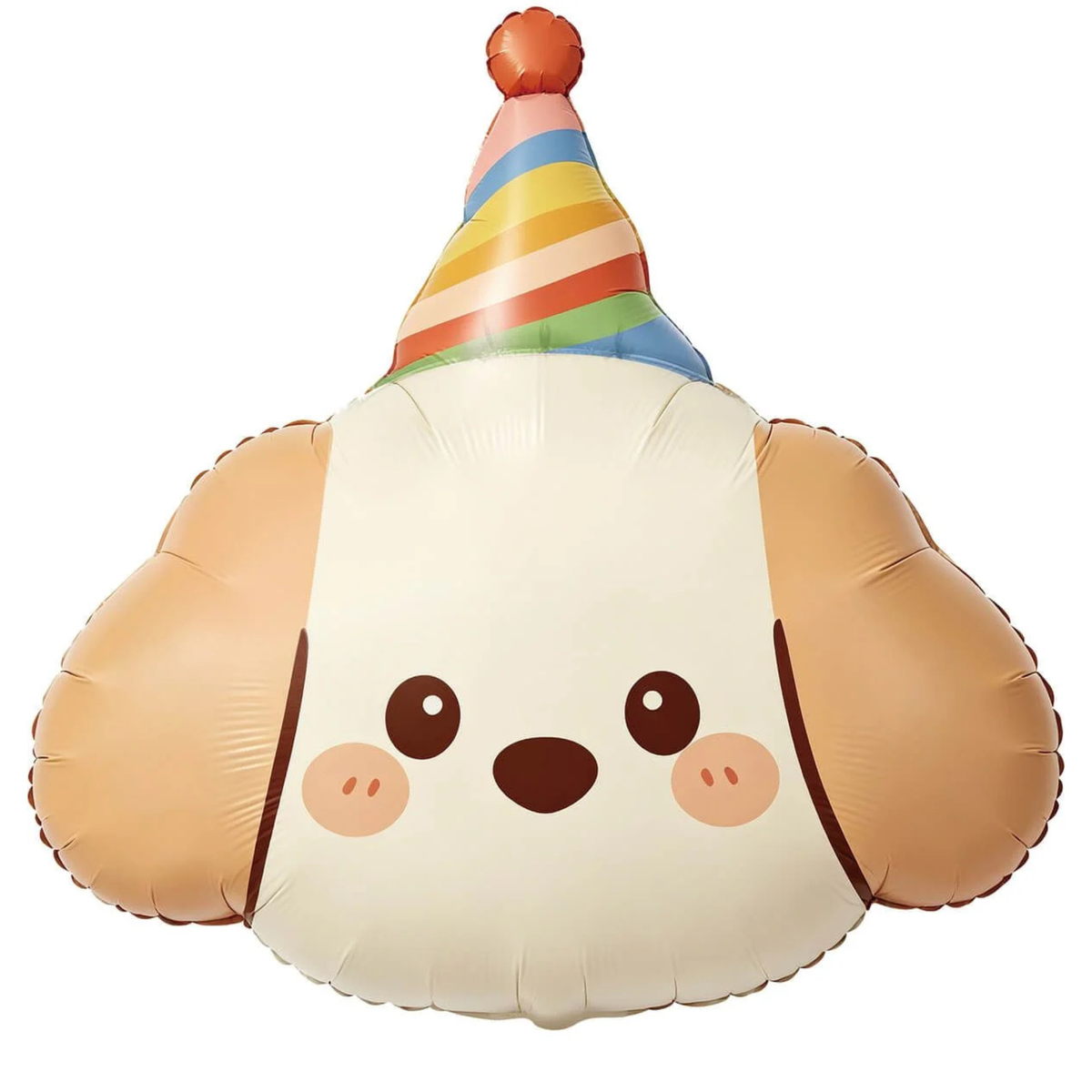 Cute birthday puppy foil balloon featuring floppy brown ears, rosy cheeks and a colourful striped party hat. Pick up in Toronto and Canada-wide shipping available.