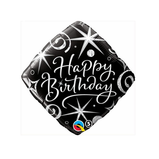 black and silver diamond shaped ' happy birthday' foil balloon