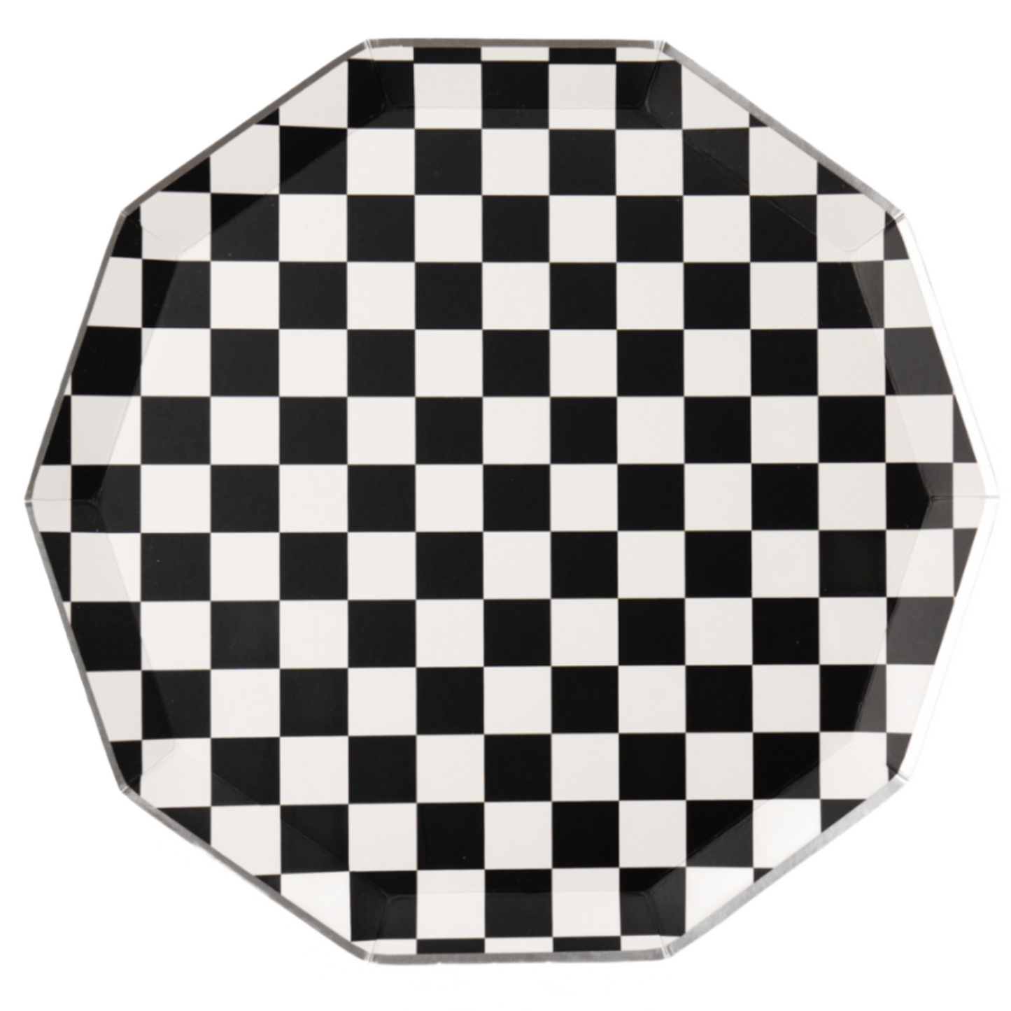 Black and white checkerboard paper plate with octagon shape, available at our Toronto party shop